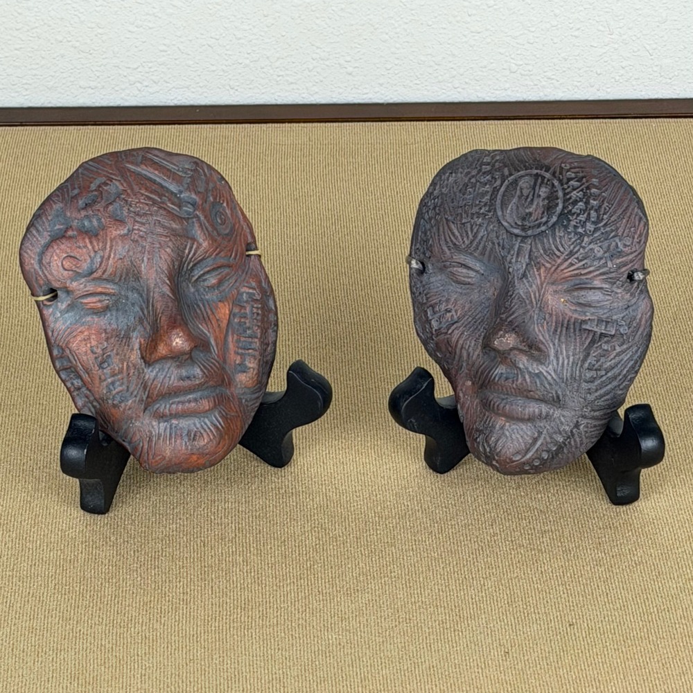 Handcrafted Paper Clay Death Face Masks Set of 2 3x5" Signed Art Pottery